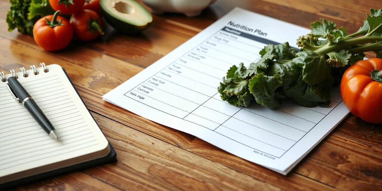 Ernährungsplan und frische Zutaten auf einem Tisch